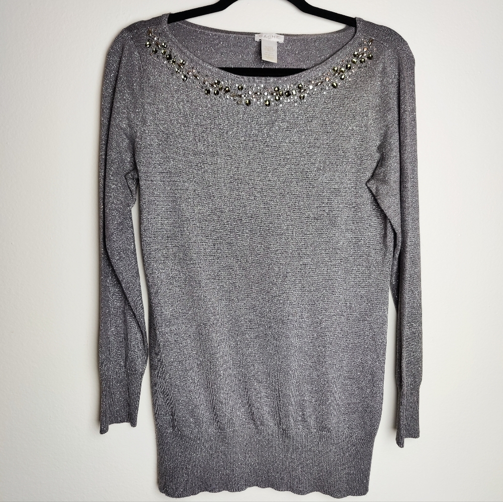 Vintage 90s Y2K Silver Lurex Metallic Sweater w Rhinestone Neckline, Size L